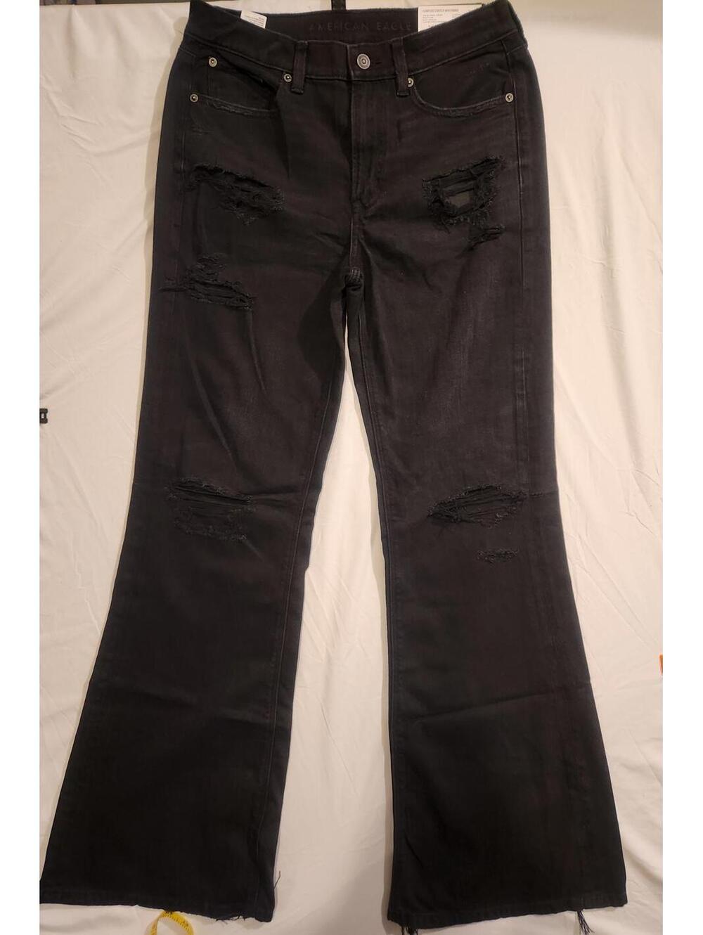 NWT Womens American Eagle Black Dreamy Drape Baggy Flare Jeans. Size 6 long